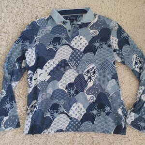 Cremieux Men’s Large Long Sleeve Polo Shirt Blue Patchwork Print Cotton NWOT